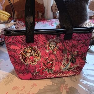 Ed Hardy Hot Pink Tattoo-Print Tote with Black Handles